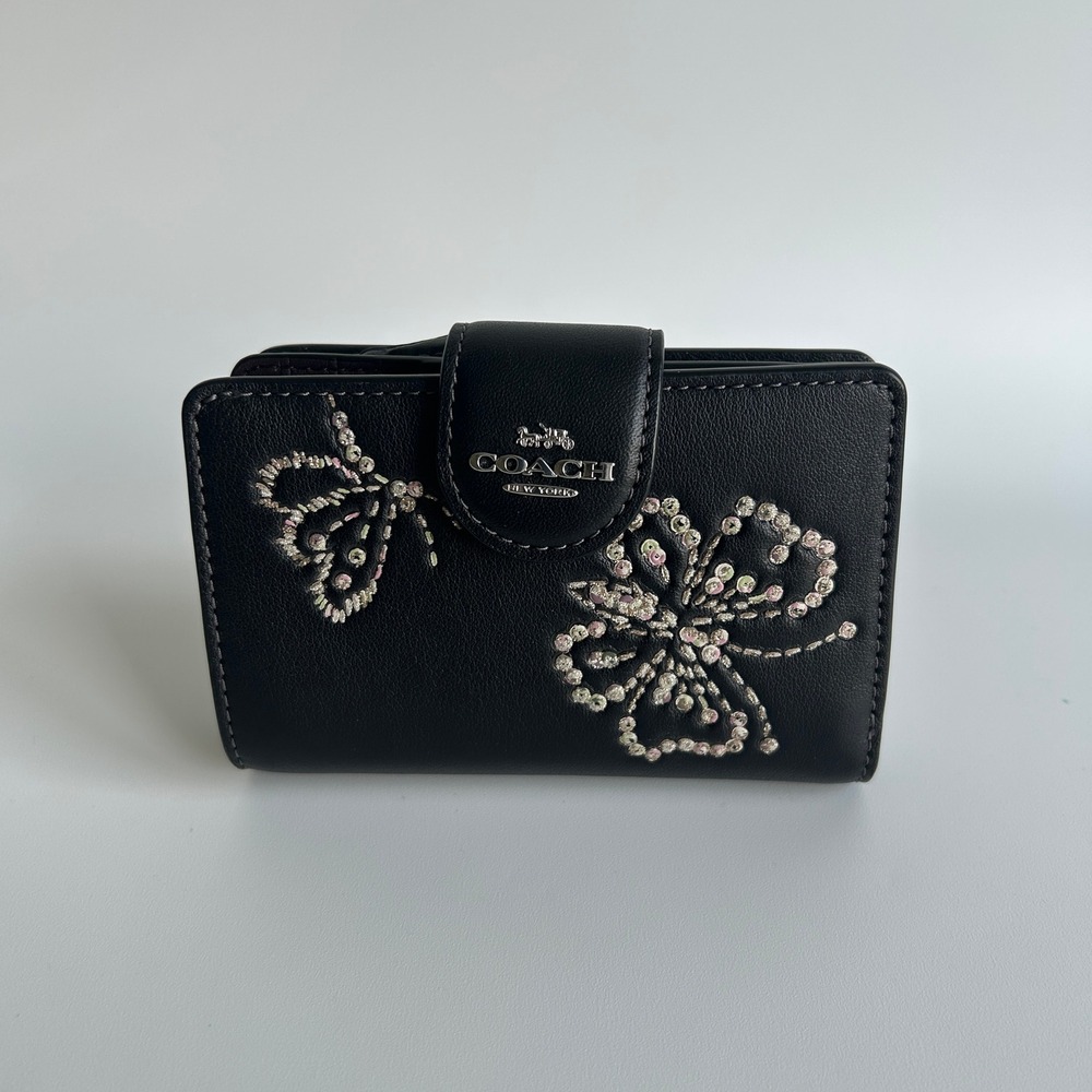 Coach Medium Corner Zip Wallet Black Leather Butterfly Print CC655